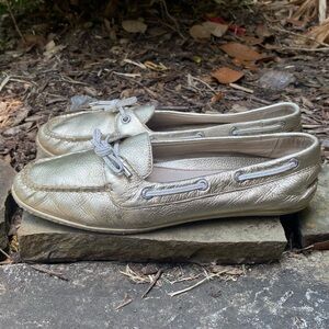 Sperry Gold Boat Shoes Size 8 women Leather Loafers Classic Shoe Shimmer preppy